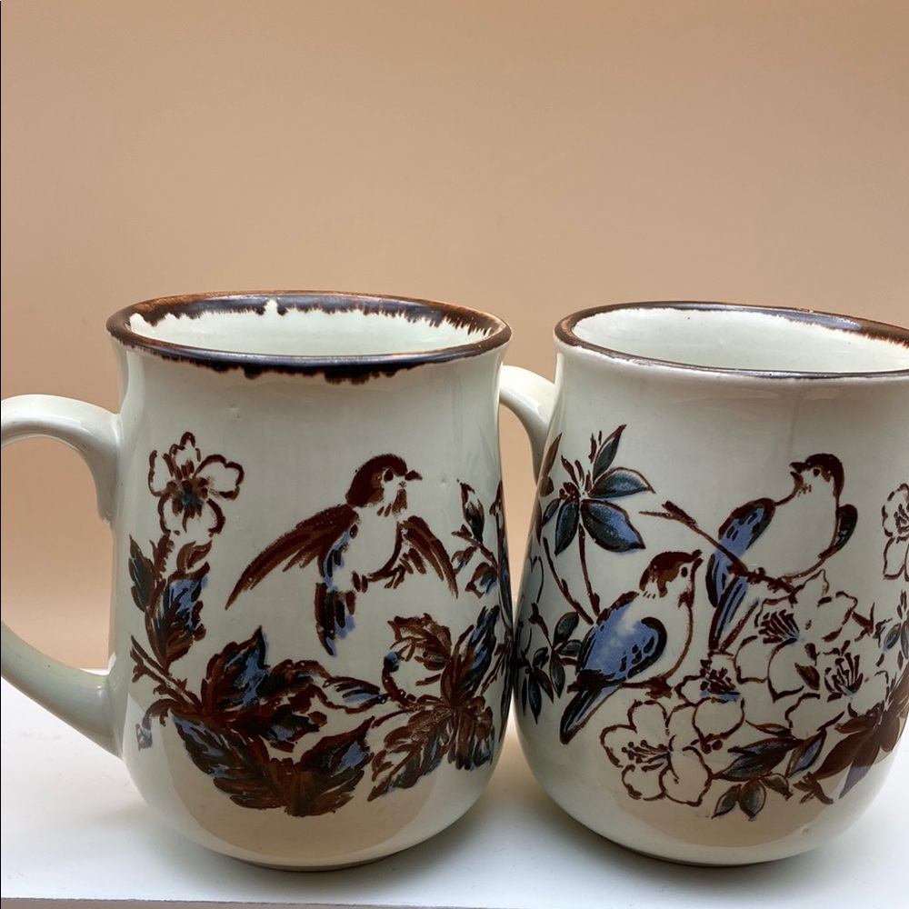 Vintage Northcraft Floral Bird Design Ceramic Mugs - Set of 2